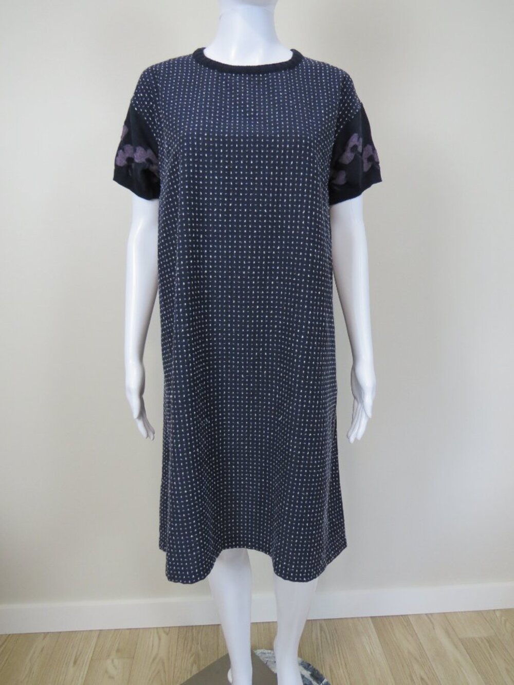 M. & Kyoko Cotton Blend Dot Dress Knit Sleeves SIZE F (OSFM) Blue Purple Japan